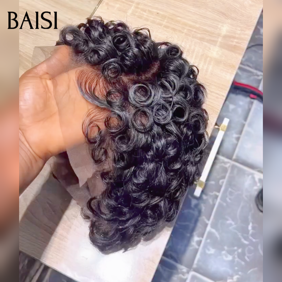 BAISI  Perruque Chioma finger wave 13X4 lace Frontale Pixie Moitié Prix 50€ couleur naturelle En 100% Cheveux Humains MP50