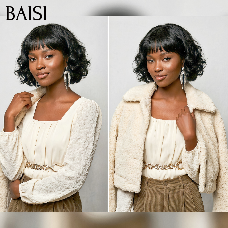 BAISI perruque Bob egg wave ou Curly Wave Avec Frange Noir en 100% cheveux humains