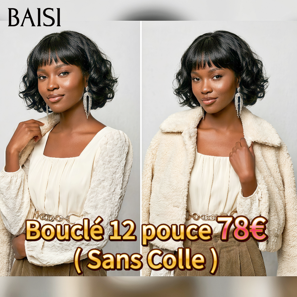BAISI perruque Bob egg wave ou Curly Wave Avec Frange Noir en 100% cheveux humains