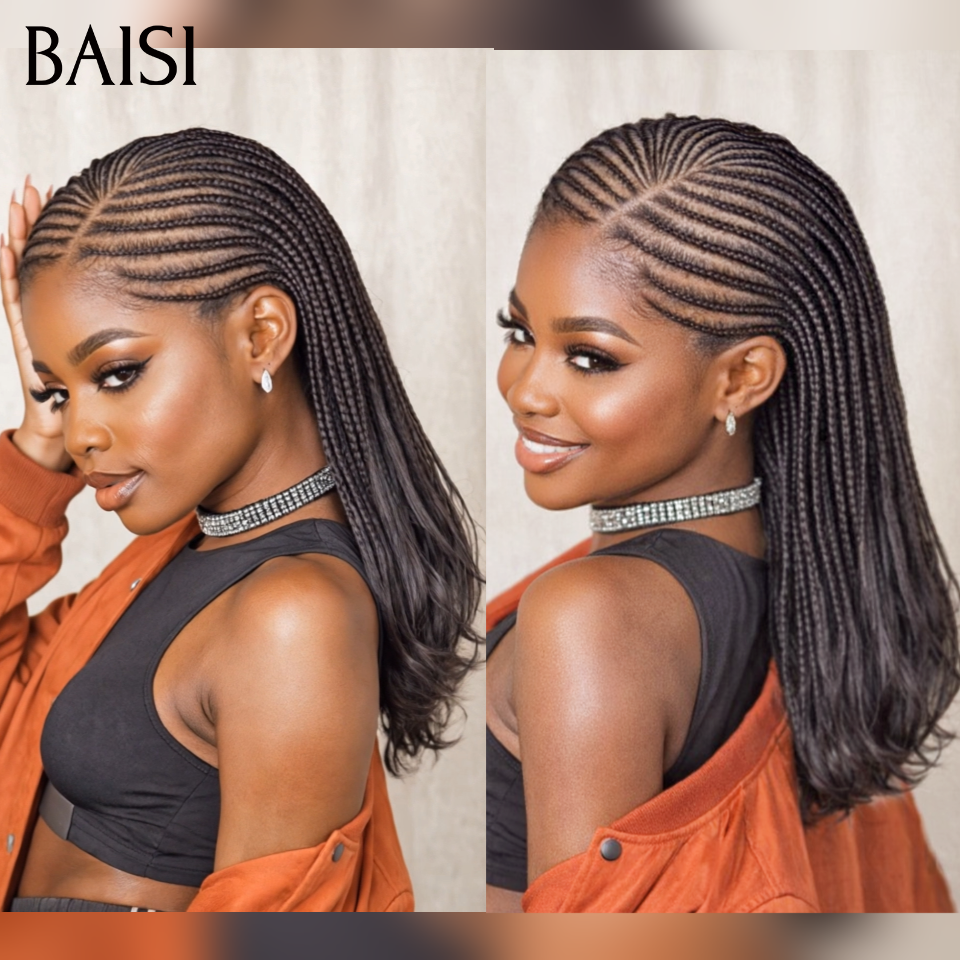 BAISI Perruque avec coiffure tressée natte Promo Moitié Prix 99€  Bob NOIR 14 Pouces facile à porter En 100% cheveux humains