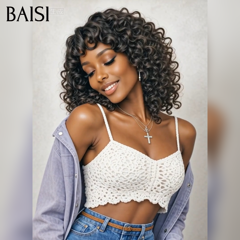 BAISI Perruque BOB curly wave frange en noir  12 pouce 75€ sans colle  Raw Hair en 100% vrais cheveux humains