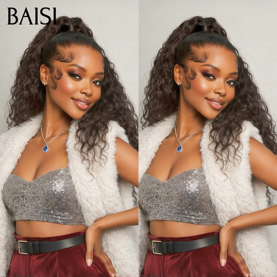 BAISI 13x6 Frontal Curly Wig 28 Inch Pre-Plucked No Glue Needed in 100% Raw Hair Lace Already Cut B