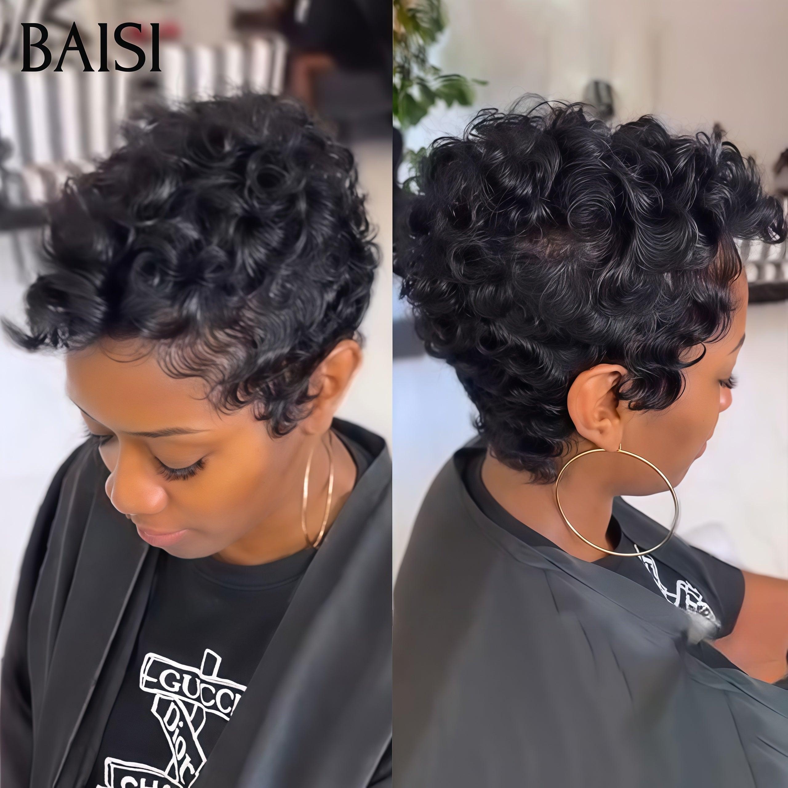 BAISI Perruque Full Lace 100% Cheveux Naturels Full Lace Perruque Pixie Naturelle Wave petite coupe NOIR 139€ en 100% cheveux humains