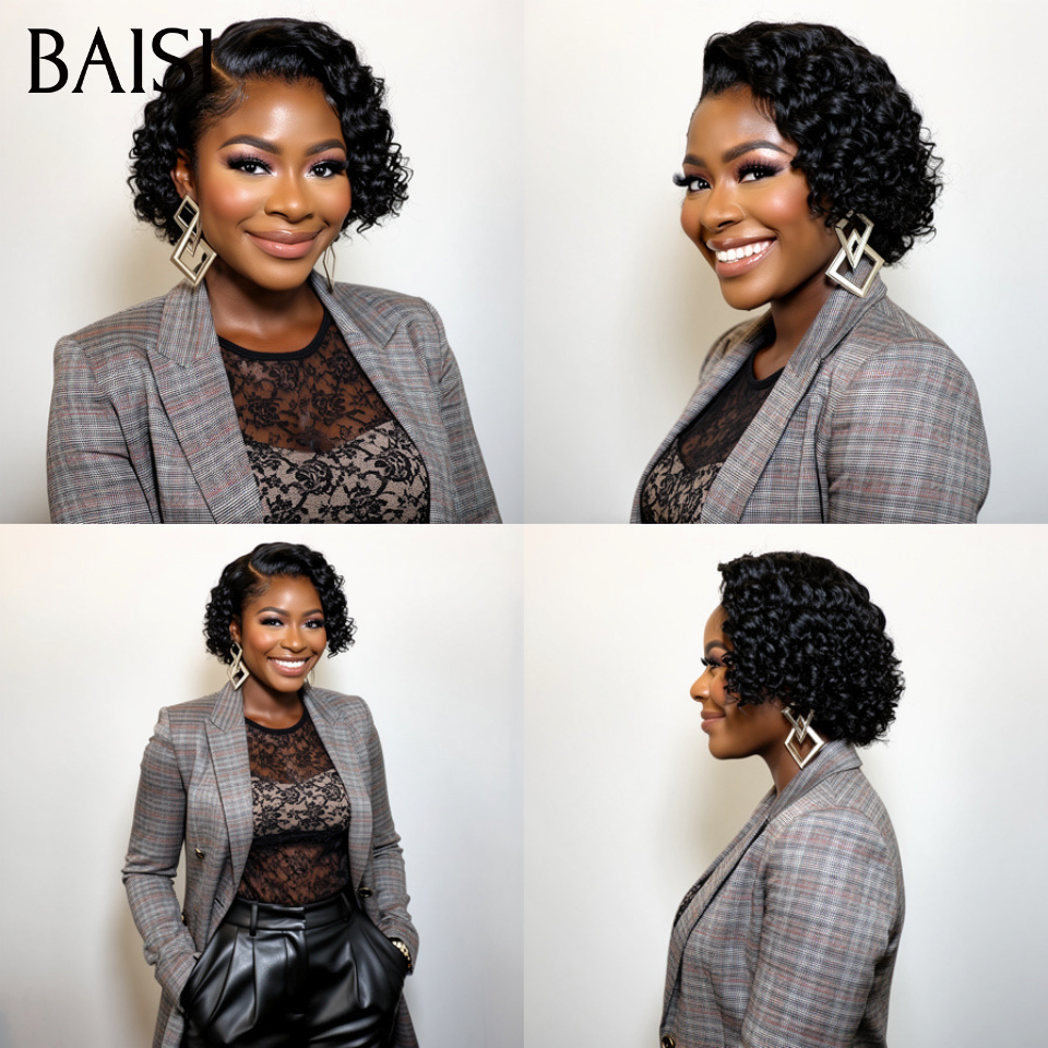 BAISI Flash Offer Wigs like LIVE €40 Pixie Afro without lace without glue curly everywhere Black in 100% human hair FR20
