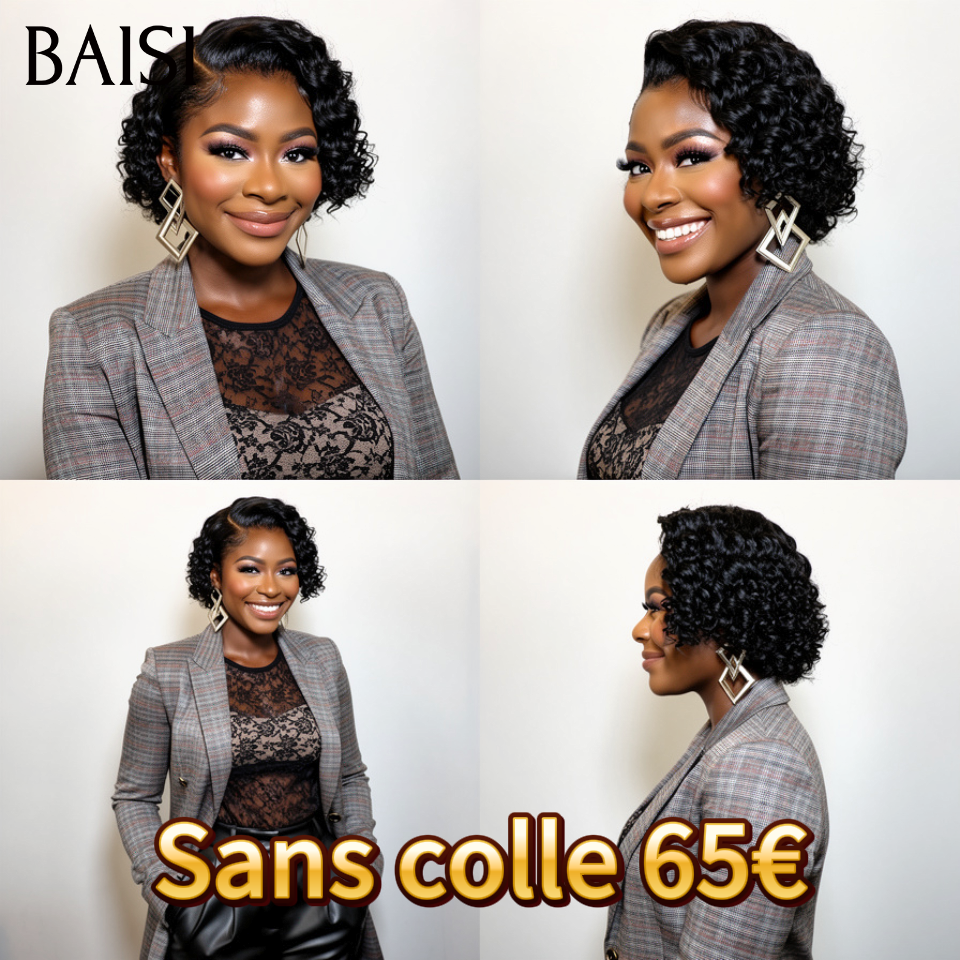BAISI Flash Offer Wigs like LIVE €40 Pixie Afro without lace without glue curly everywhere Black in 100% human hair FR20