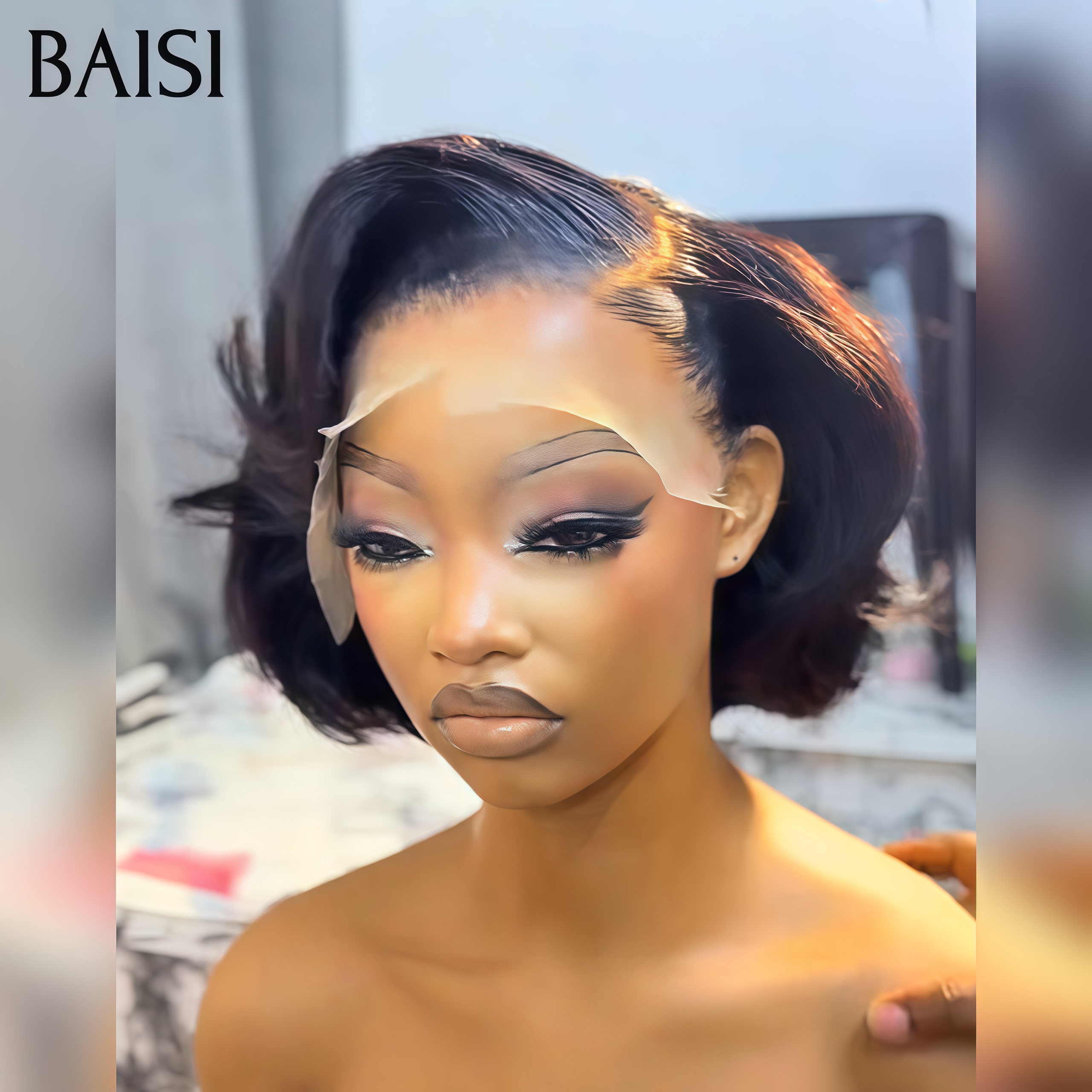BAISI 13X4 Lace Frontal Perruque Pixie noir 79€ egg  wave moitié prix en 100% Cheveux Humains