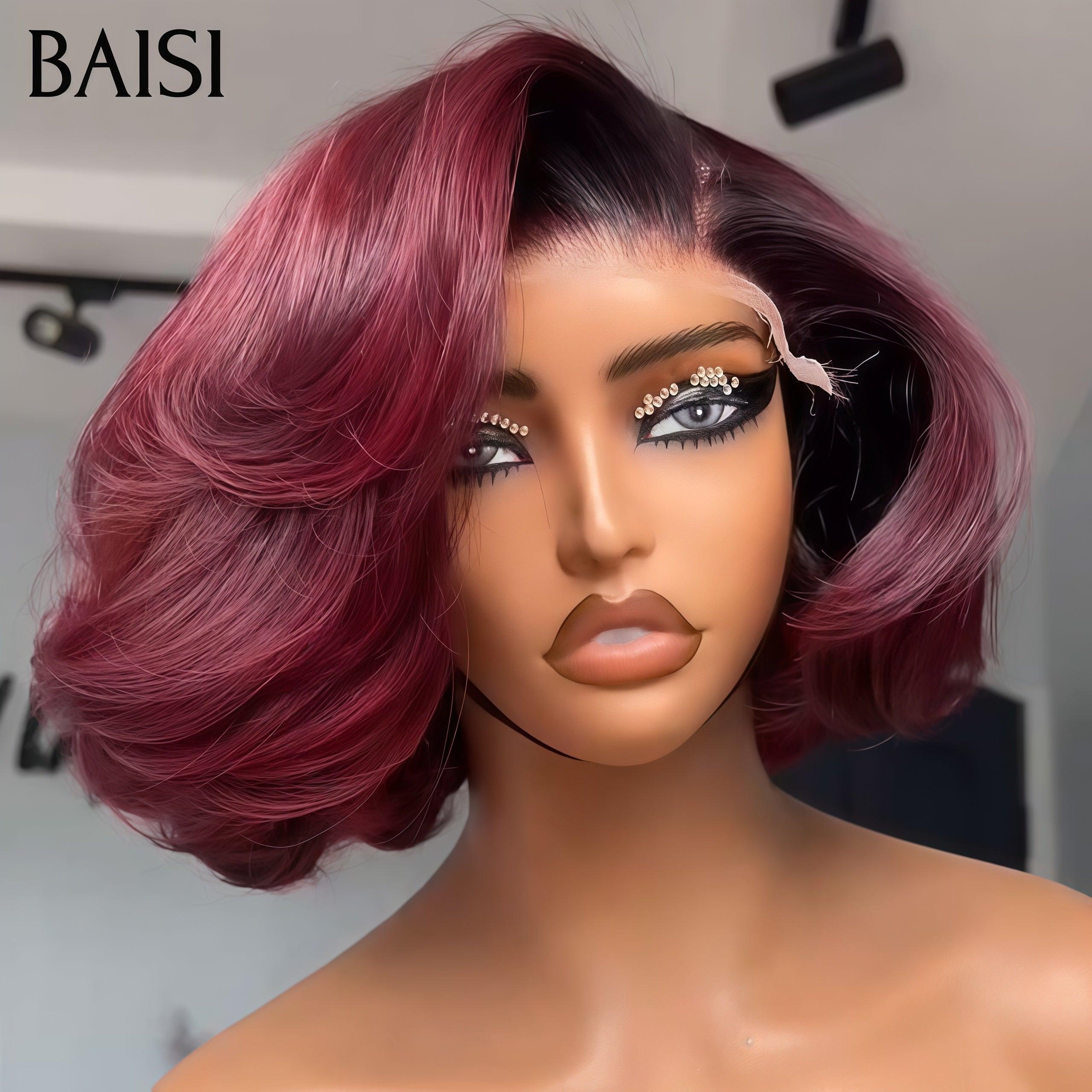 BAISI 13X4 lace Perruque Bob Bouclée Wave en couleur 99J#  en 100% Cheveux humains
