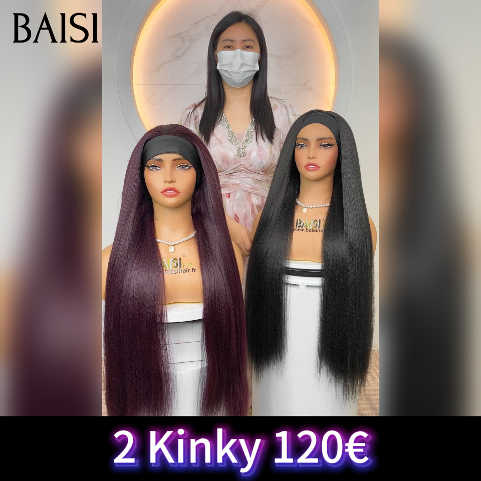 BAISI promotion 2 perruques 120€ Blended human hair Perruque bandeau kinky straight yaki 32 Pouces 2 couleurs Bordeaux ou noir sans Colle