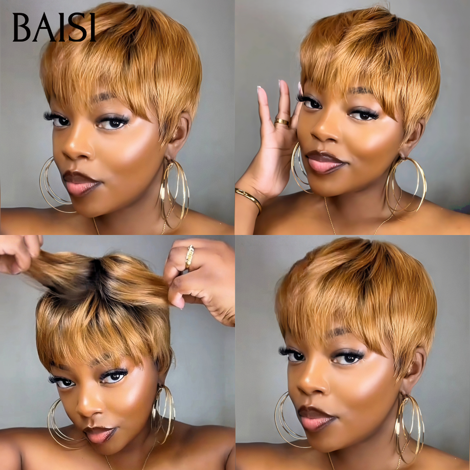 BAISI 2 perruques courtes 60€ OFFRE FLASH pixie afro et Lisse Sans Colle NOIR Fabriqué à la Machine Promotion en 100% Cheveux Humains