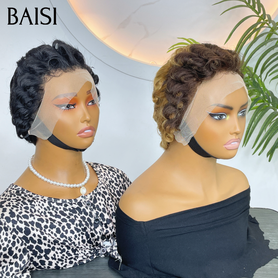 BAISI 2 Perruques 80€ 13x4 lace pixie finger wave Marron ou noir 100% Cheveux Humains