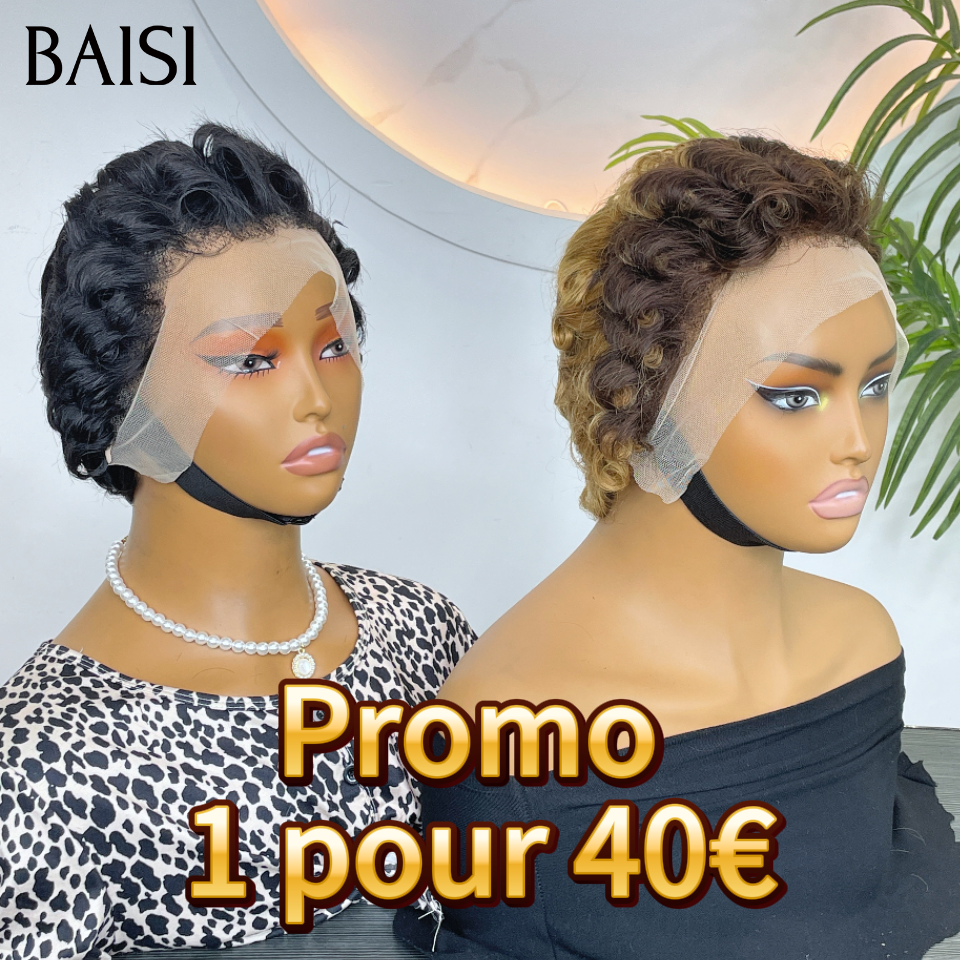 BAISI 2 Perruques 80€ 13x4 lace pixie finger wave Marron ou noir 100% Cheveux Humains