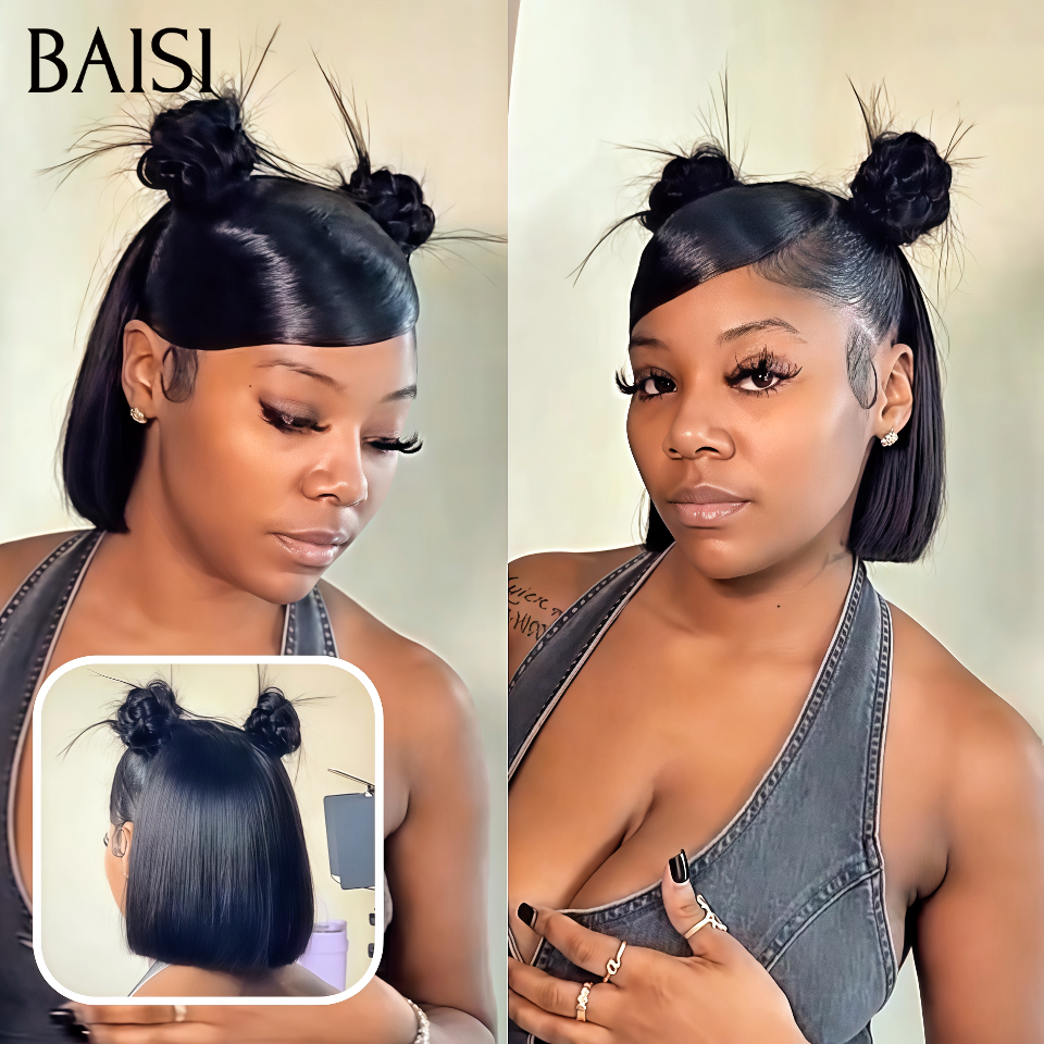 BAISI 4X4 lace closure bouclé wave colore 1BT4# o 13x4 Lace Frontal parrucca personalizzata con riga laterale colore castano #4 C