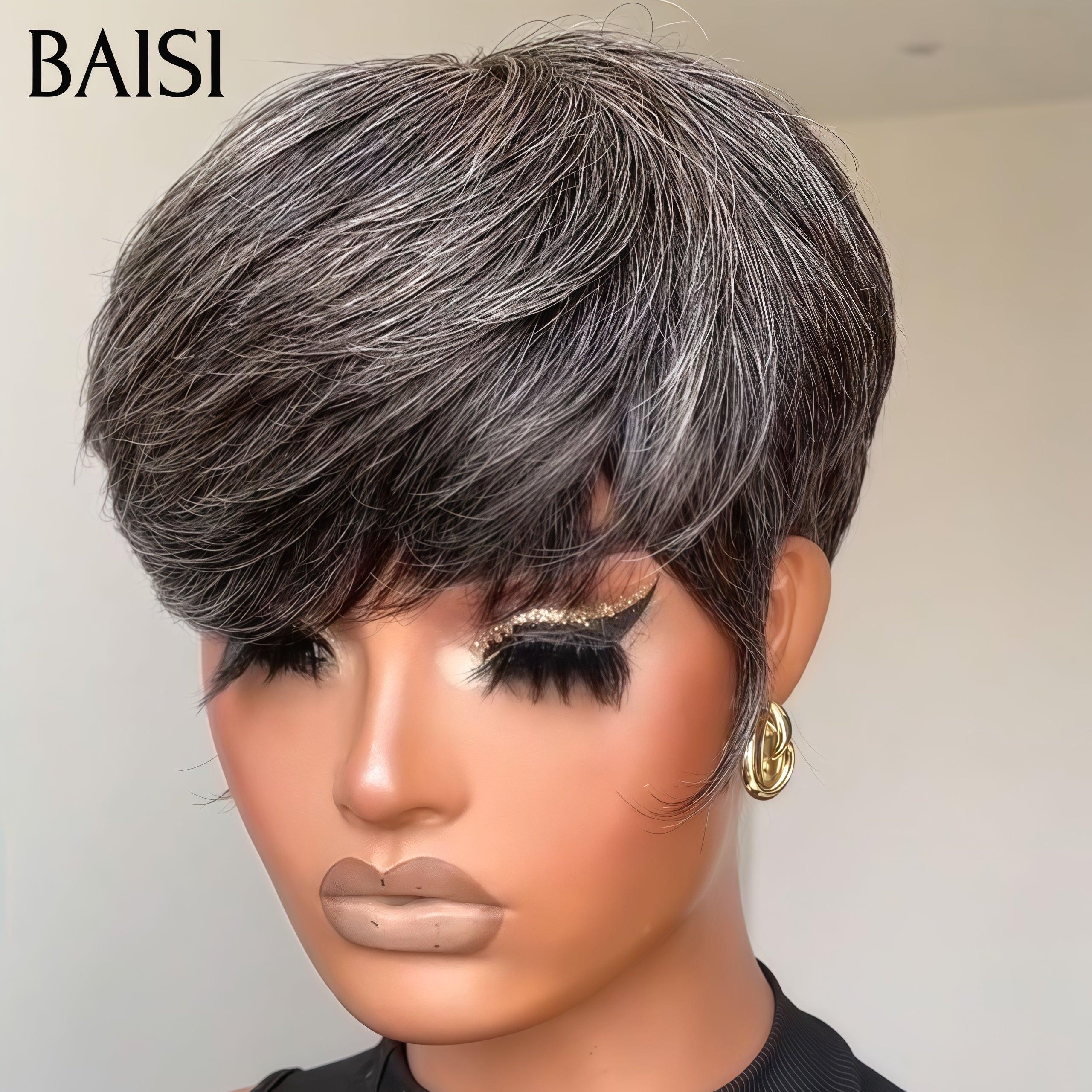 BAISI Collection Poivre et Sel Perruque 58€ pixie sans lace Lisse en couleur Gris Fabriqué à la Machine en 100% Cheveux humains
