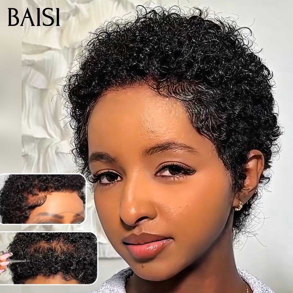 BAISI Perruque pixie afro curly wave OFFRE FLASH Sans Colle 56€ NOIR Fabriqué à la Machine ou Full Lace 109€ Promotion en 100% Cheveux Humains