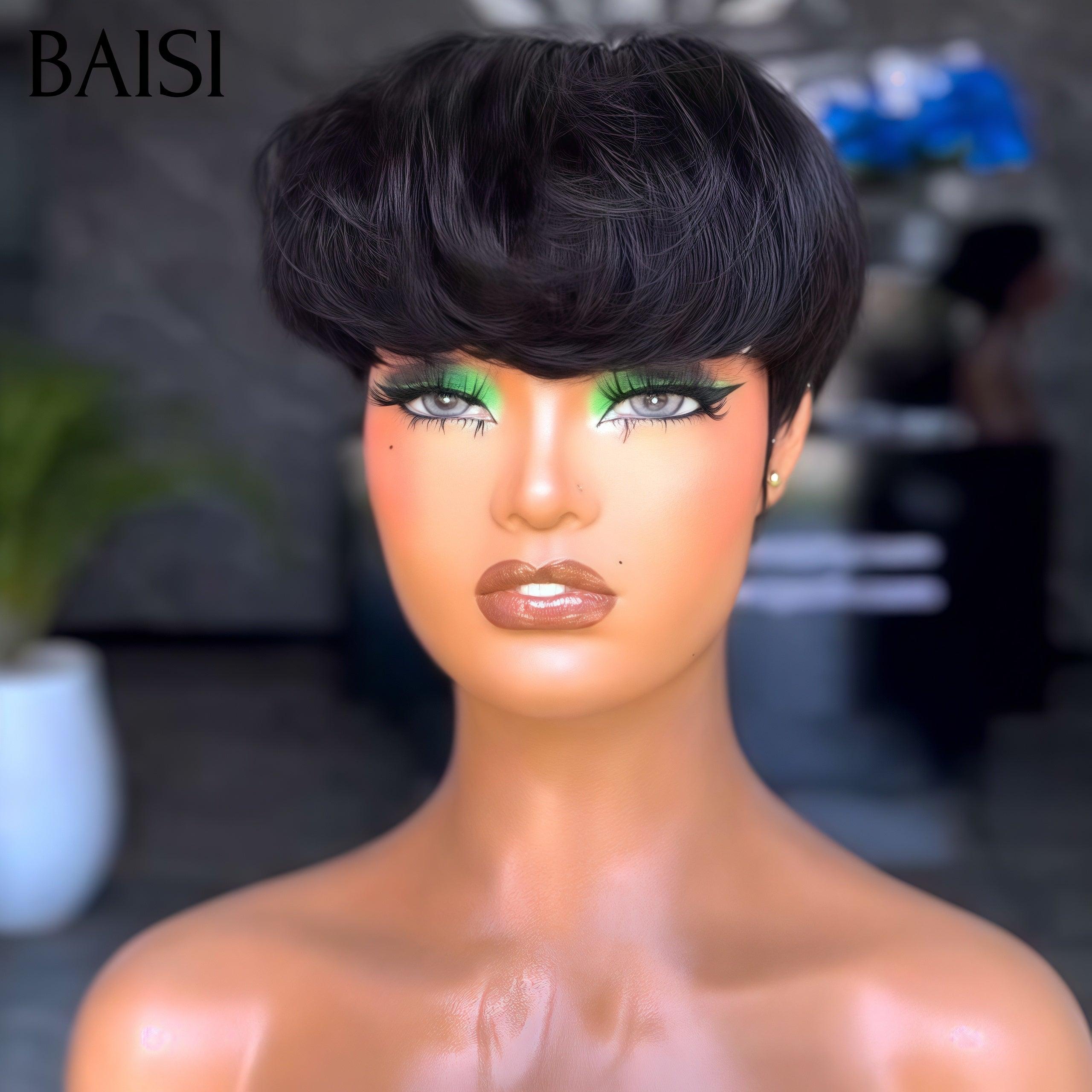 BAISI  Perruque Pixie 46€ Lisse sans Colle sans lace Couleurs NOIR en 100% Cheveux Humains