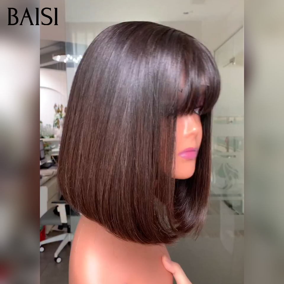 BAISI 15A SDD BONE STRAIGHT bob Parrucche di lusso Bob dritto senza pizzo con frangia A1 Realizzato con capelli doppiamente stirati B