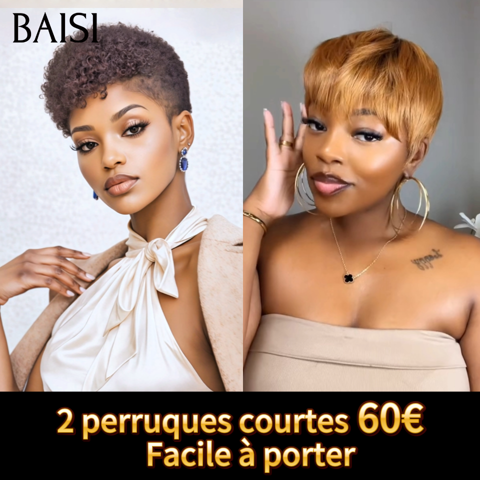 BAISI 2 perruques courtes 60€ OFFRE FLASH pixie afro et Lisse Sans Colle NOIR Fabriqué à la Machine Promotion en 100% Cheveux Humains