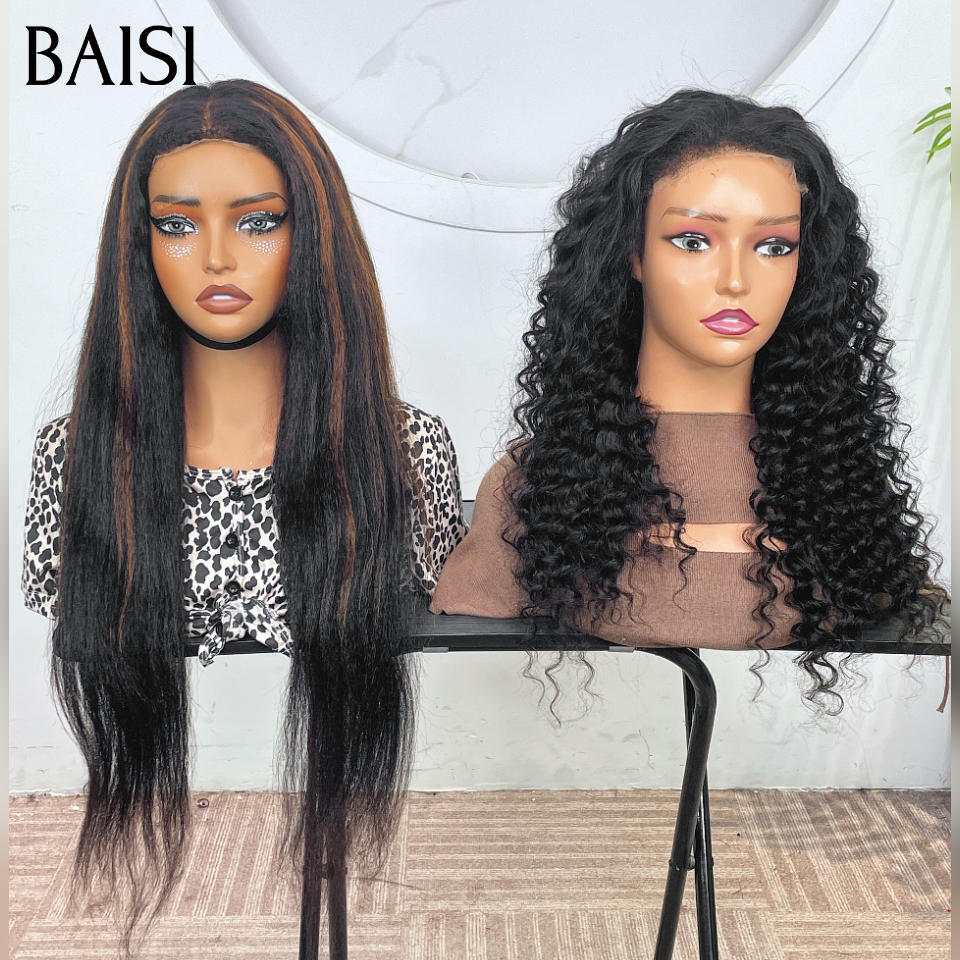 BAISI grande promotion Sans colle Facile à porter 4x6 Lace deep wave  NOIR 22 Pouces ou kinky straight 22 Pouces NOIR Mixte Miel Pré-plucked Pas Besoin de Colle 4C hairline en 100% Cheveux Humains