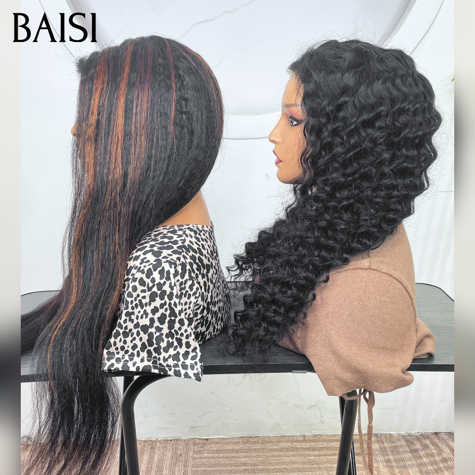 BAISI grande promotion Sans colle Facile à porter 4x6 Lace deep wave  NOIR 22 Pouces ou kinky straight 22 Pouces NOIR Mixte Miel Pré-plucked Pas Besoin de Colle 4C hairline en 100% Cheveux Humains