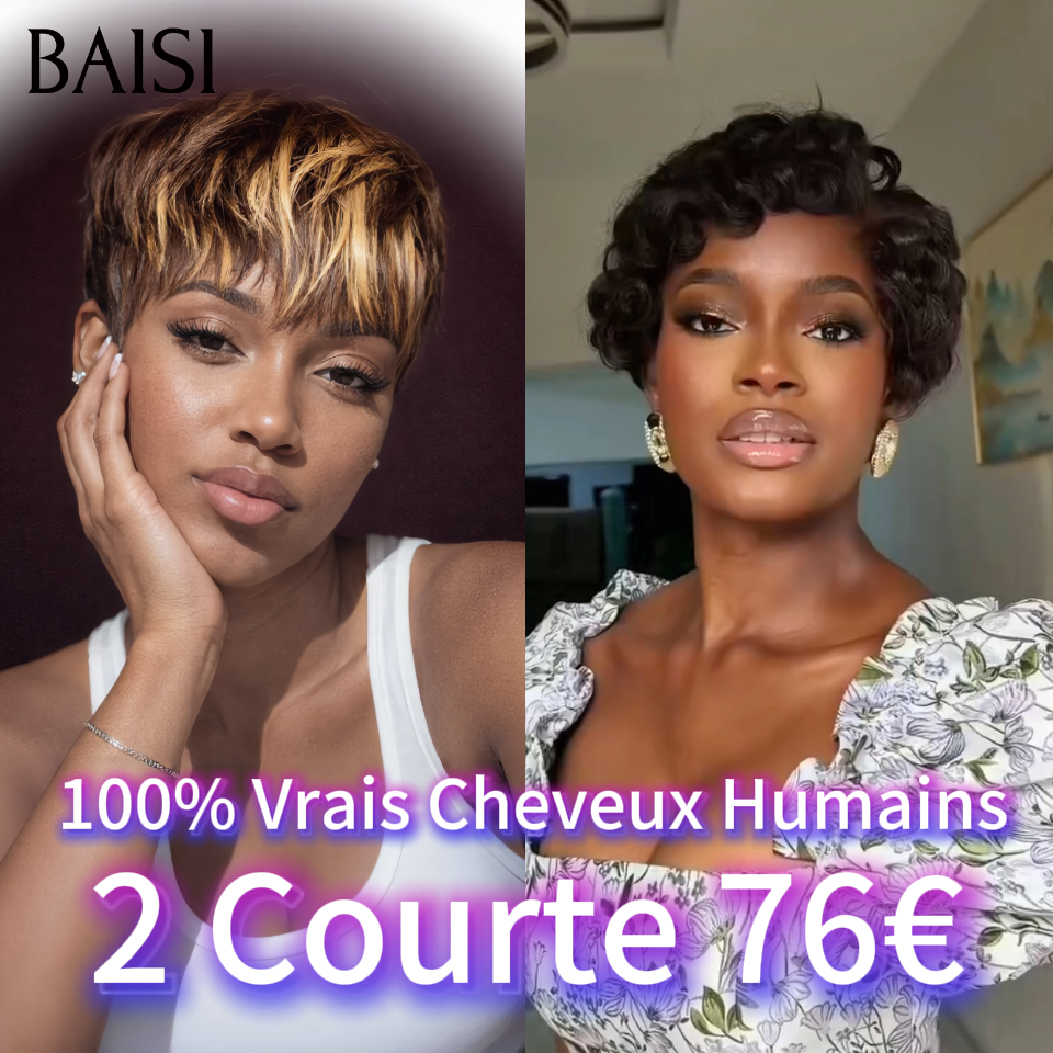 BAISI 2 Courte 76€ pixie ou  Pour 3 Perruques Vente Combinée 79€ 100% Cheveux Humains Fabriqué à la Machine