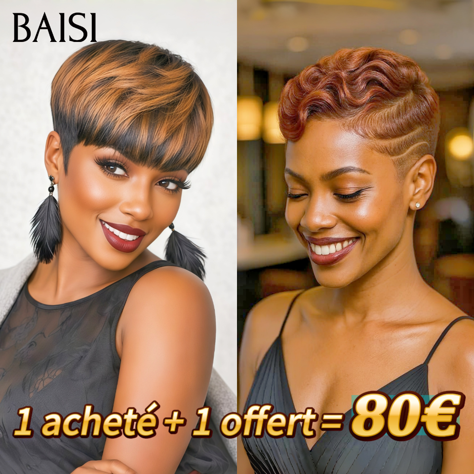 BAISI 1 acheté + 1 offert = 80€ OFFRE FLASH pixie Lisse Sans Colle Mixte Miel Fabriqué à la Machine et 13x4 Lace pixie Marron Promotion en 100% Cheveux Humain