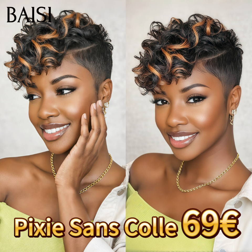 BAISI Perruque Pixie Sans Colle 69€ Naturelle wave OFFRE FLASH NOIR Mixte brun Fabriqué à la Machine Promotion en 100% Cheveux Humains