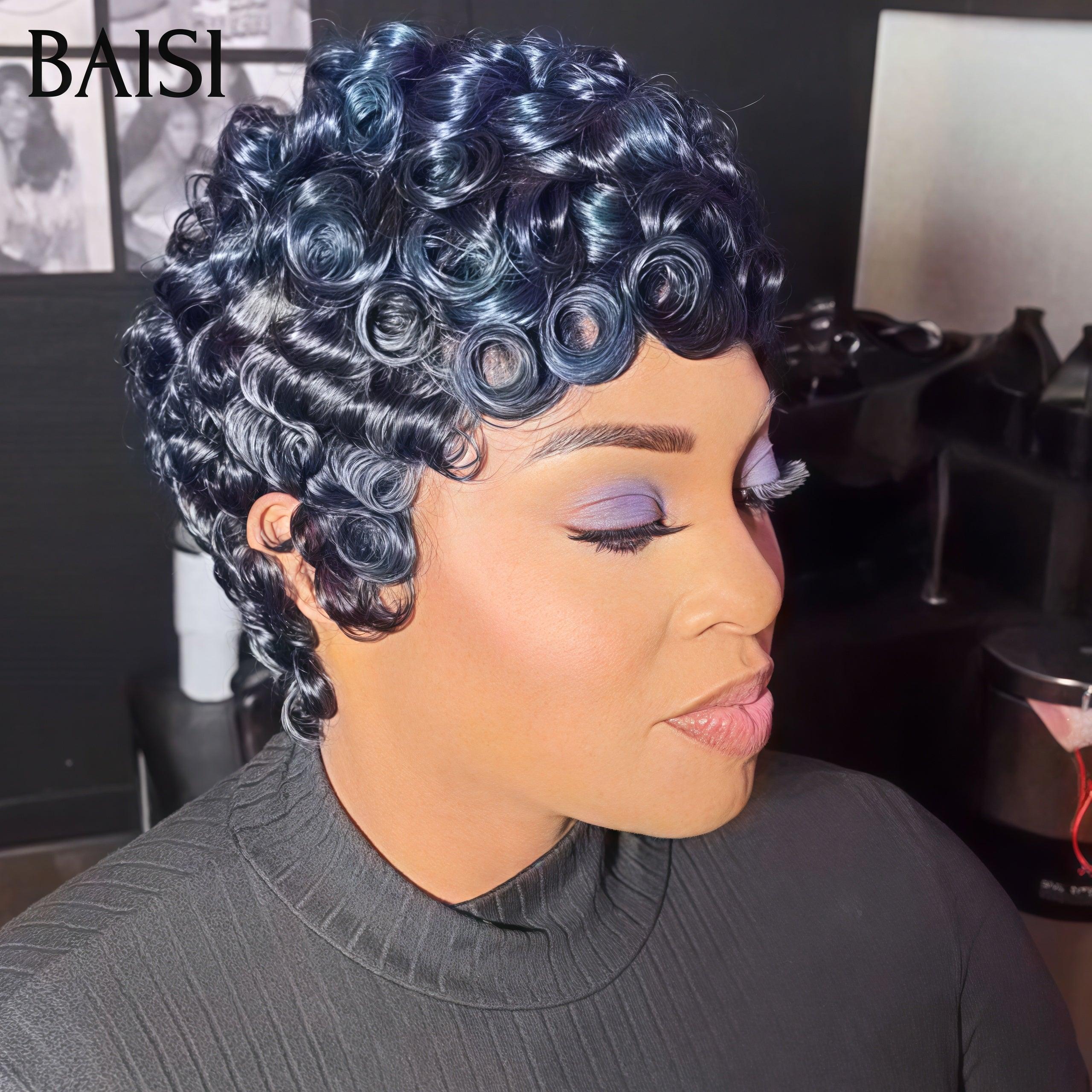 BAISI Perruque Full Lace 100% Cheveux Naturels Full Lace 149€ Perruque Pixie Finger Wave petite coupe en Couleur blue en 100% cheveux humains FR38