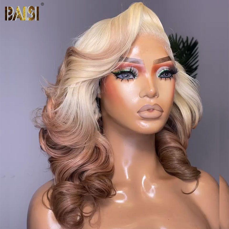 BAISI 13X4 Lace Perruque 16 Pouces En couleurs Miel avec Racine Blanc Body wave coupe personnalisée voluminieux En 100% Cheveux Humains