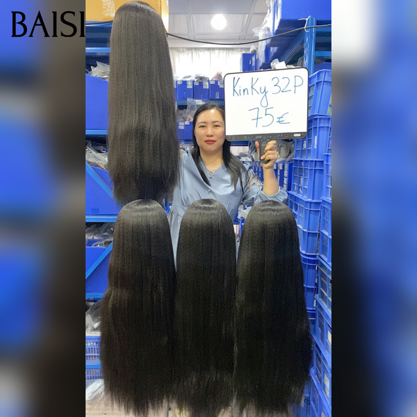 promotion perruque 75€ 32 Pouces Kinky Straight en Noir Blended human hair sans Colle en 100% Cheveux Humains