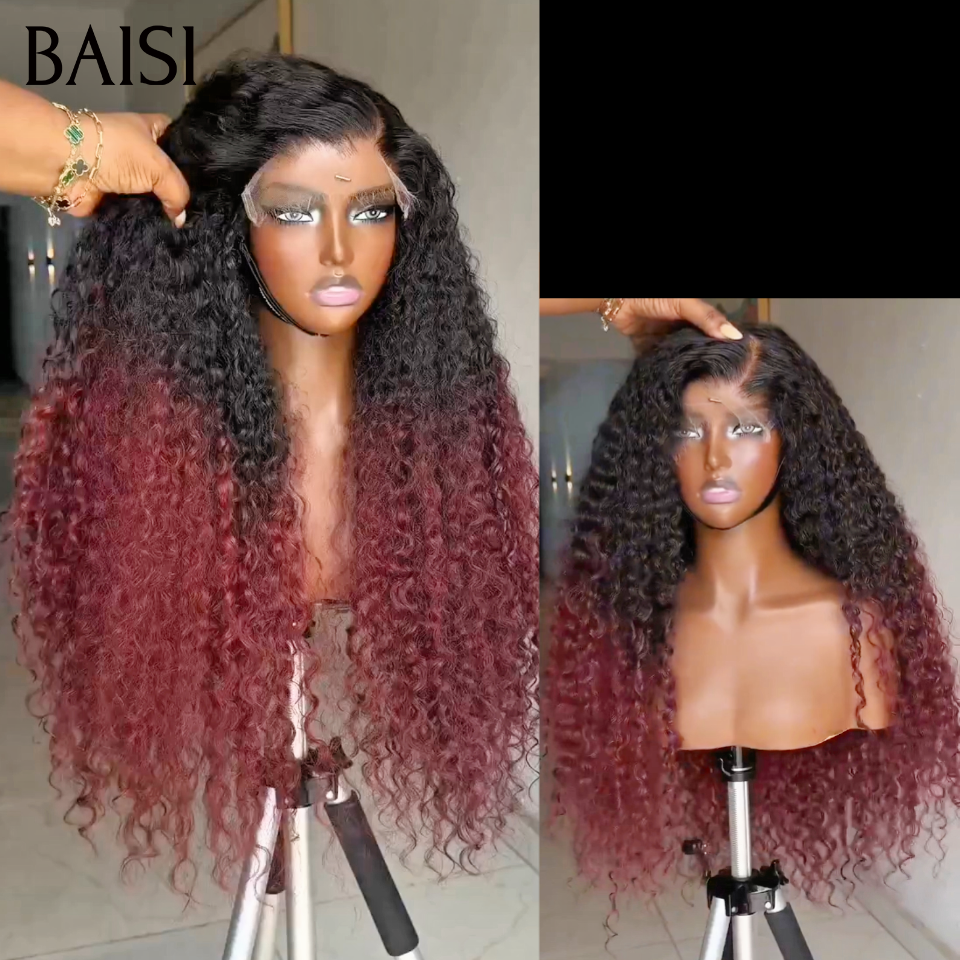 BAISI  13×4 Lace frontal Perruque Curly  wave Moitié Prix en couleur Bordeaux 1BT99J# en 100% Cheveux Humains