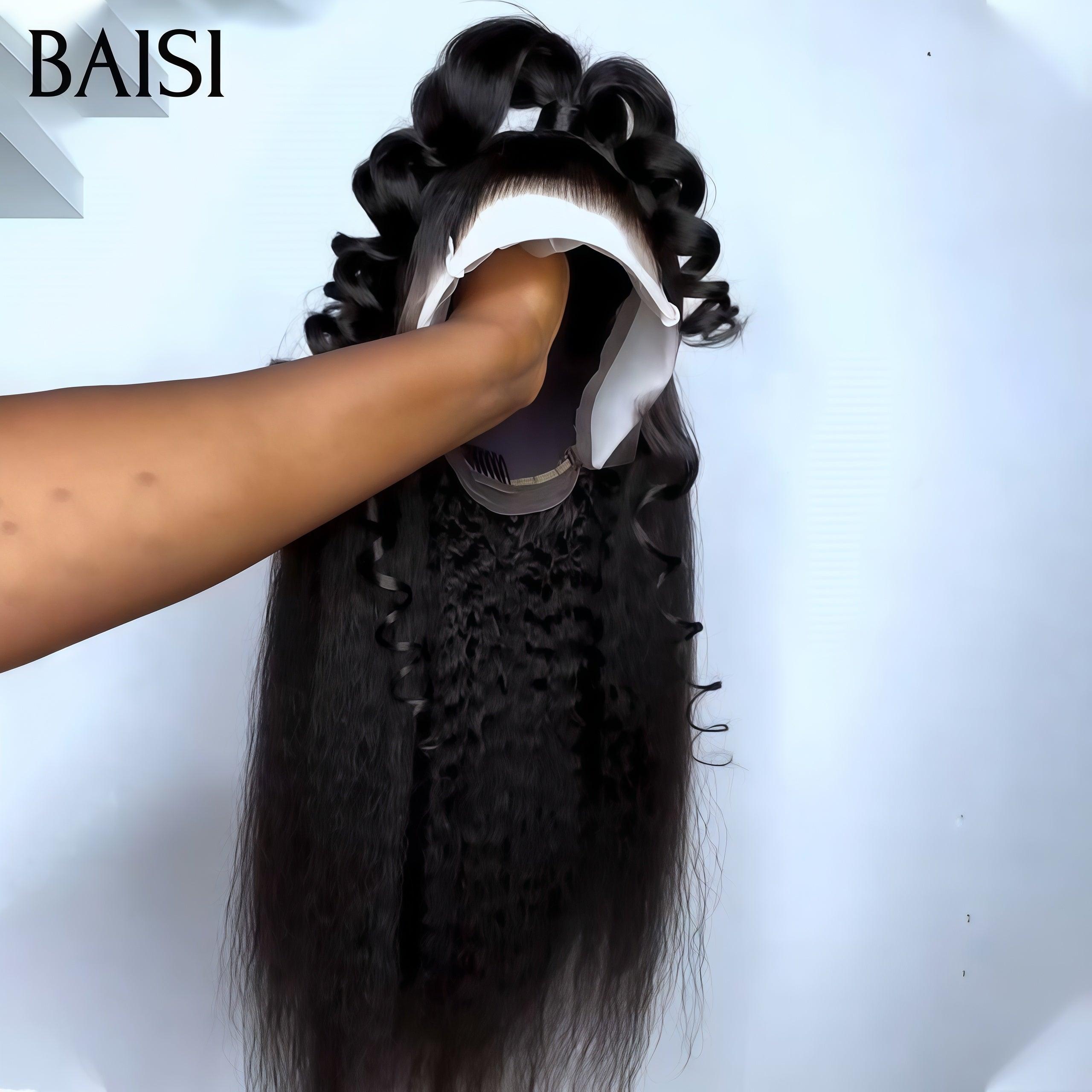 BAISI 13X4 lace perruque kinky straight avec Petite natte frisé frontale lace en Couleur NOIR 100% cheveux humains