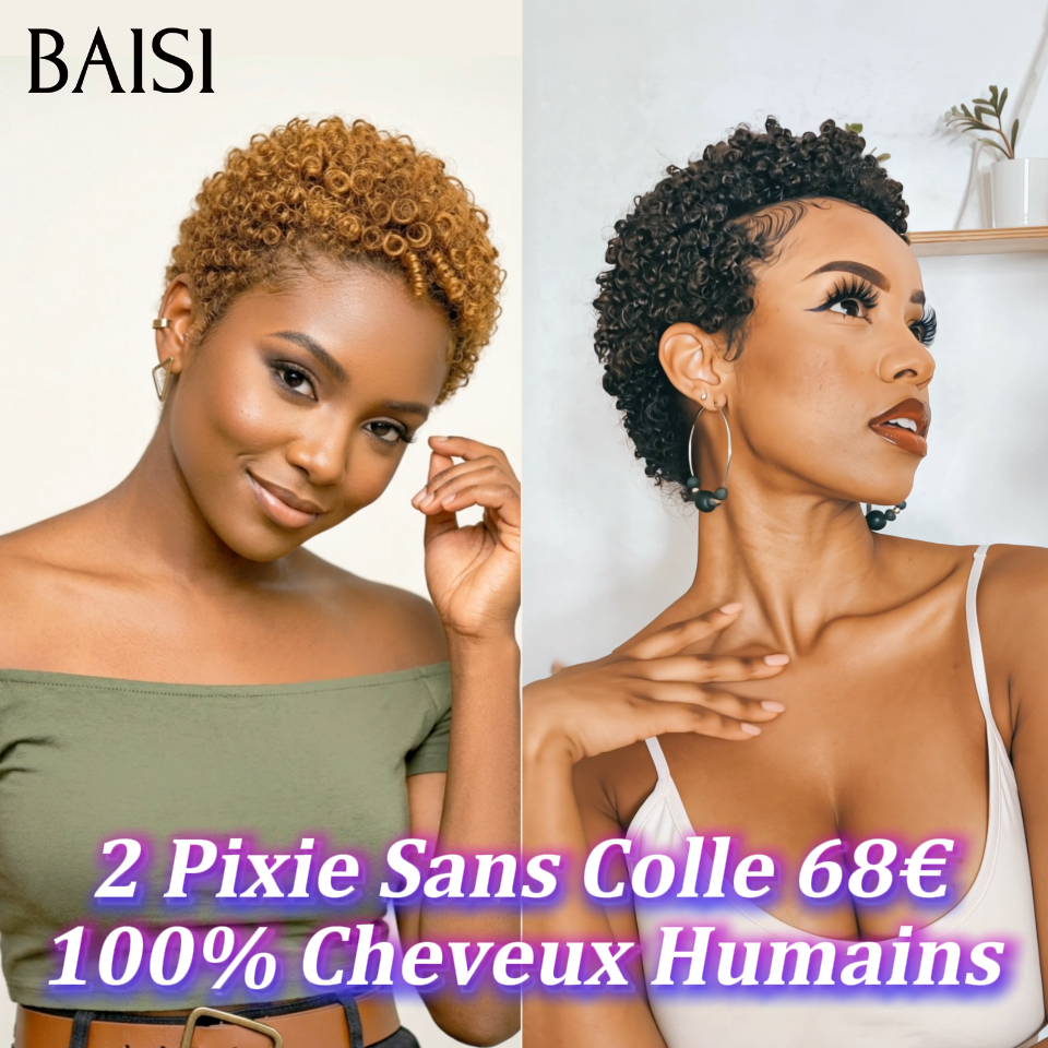 BAISI 2 Pixie Sans Colle 68€ Pixie afro curly ou 2 Perruques de Luxe Frontal 300€  Fabriquées par les cheveux double drawn 250% densité en 100% vrais cheveux humains