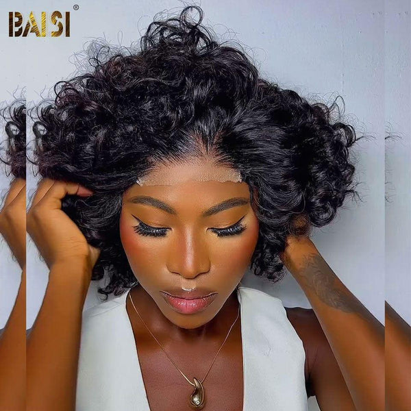 BAISI 4X4 Perruques 14 pouces 300%densité  Noir coupe personnalisée boucles voluminieux en 100% cheveux humains