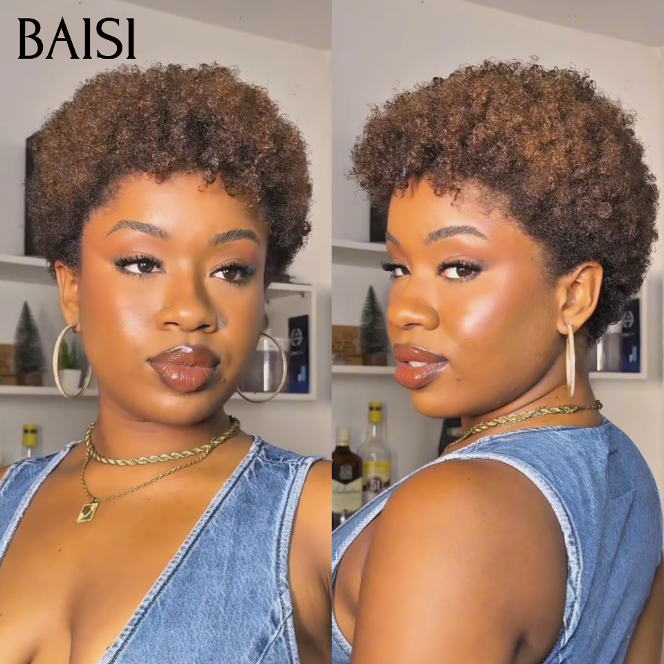 BAISI Vente en gros perruques pixie afro curly 50€ en Couleur marron 4# Pas Besoin de Colle en 100% Cheveux Humains FR38