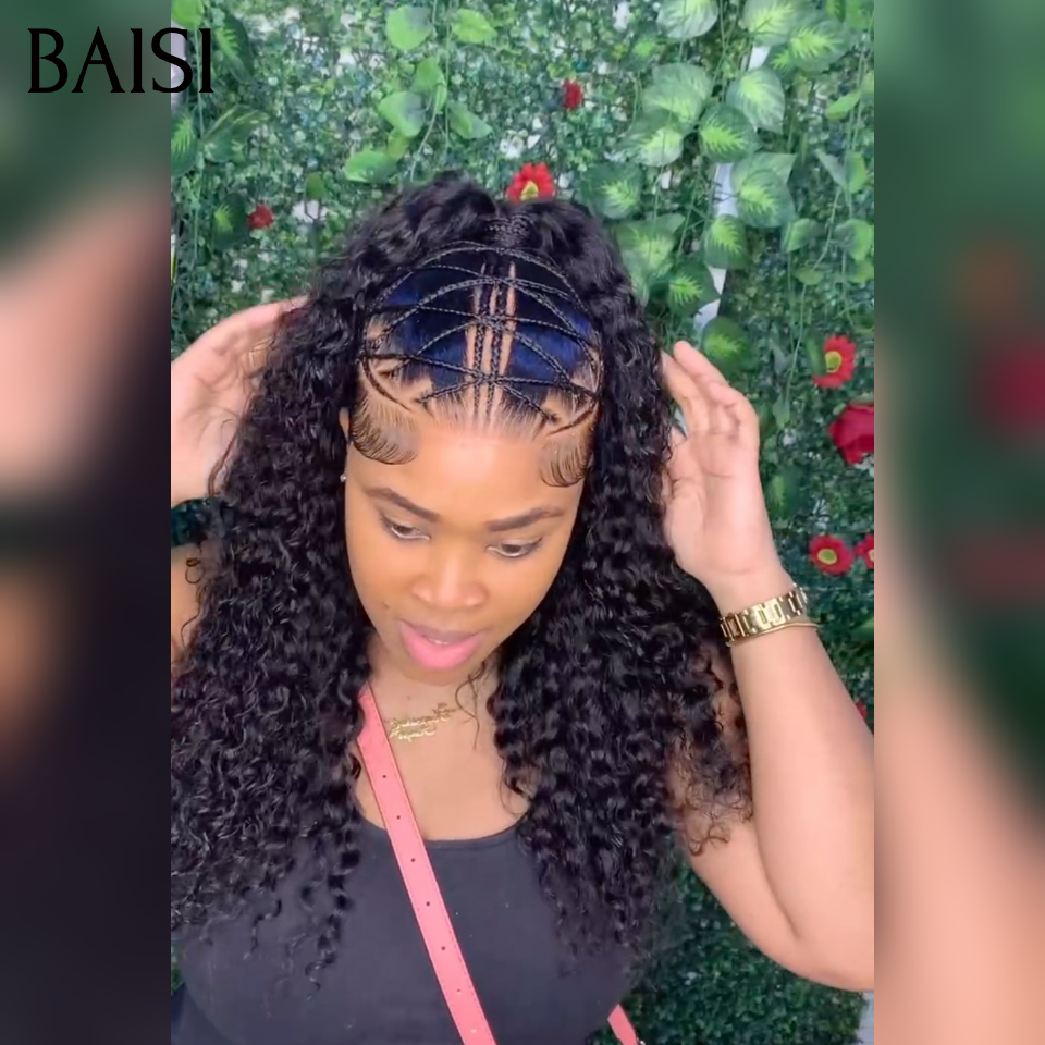 Prêt-à-porter 13x4 lace frontal Perruque Déjà Coiffée  curly wave avec coiffure tressée natte Nouveau produit en 20 pouces pour seulement 149€ en 100% Cheveux Humains