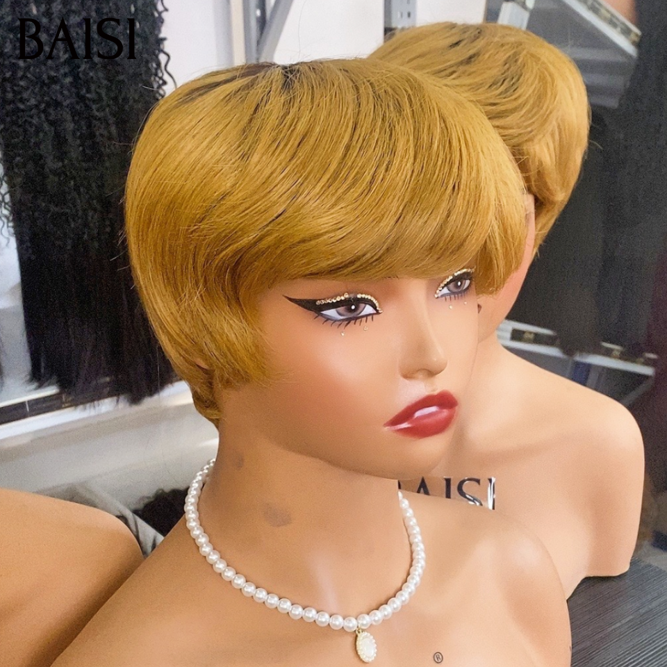 BAISI  Grande Promo perruques 50€ pixie coupe fabriqué à la machine en couleur Miel Respirant et confortable En 100% Cheveux Humains