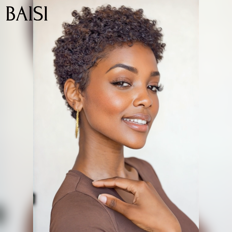 BAISI Promotion pixie afro curly wave en noir mixte marron 50€ ou 4 Perruques 180€ Fabriqué à la Machine finger wave et egg wave et Lisse 100% Cheveux Humains