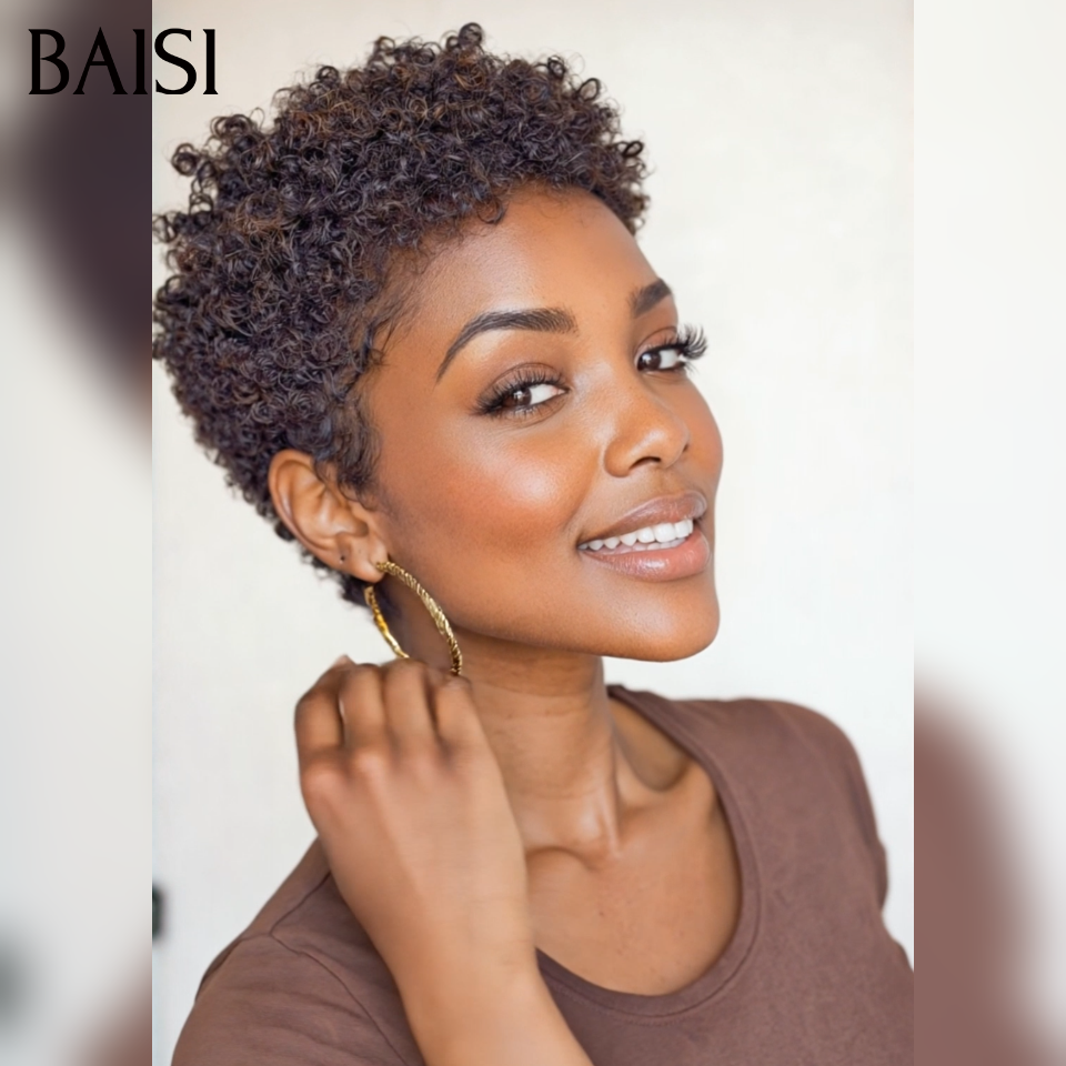 BAISI Promotion pixie afro curly wave en noir mixte marron 50€ ou 4 Perruques 180€ Fabriqué à la Machine finger wave et egg wave et Lisse 100% Cheveux Humains
