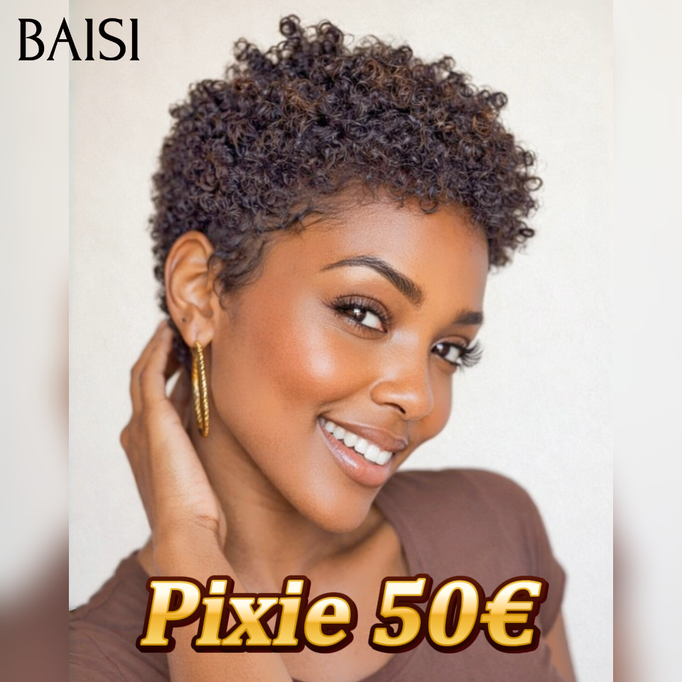 BAISI Promotion pixie afro curly wave en noir mixte marron 50€ ou 4 Perruques 180€ Fabriqué à la Machine finger wave et egg wave et Lisse 100% Cheveux Humains