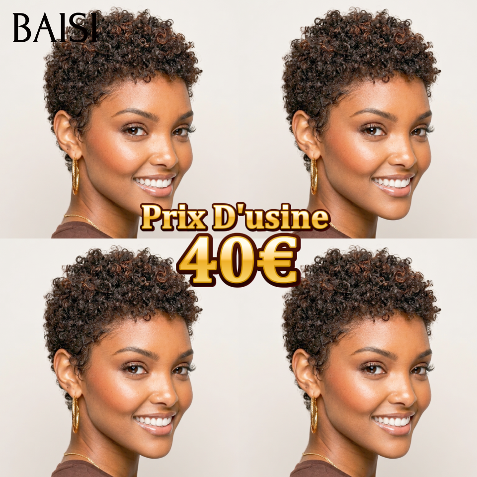 BAISI Compre no mínimo 2 perucas ao preço de fábrica do fornecedor em França IVA 0€ Entrega em 48H pixie sem lace afro curly wave em preto castanho misto 40€ ou 13x4 Lace Frontal Peruca BOB Deep Wave Bob Sem Cola Lace em 100% Cabelo Humano