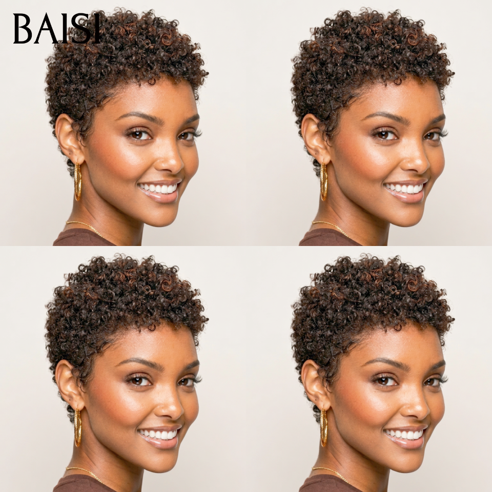 BAISI Compre no mínimo 2 perucas ao preço de fábrica do fornecedor em França IVA 0€ Entrega em 48H pixie sem lace afro curly wave em preto castanho misto 40€ ou 13x4 Lace Frontal Peruca BOB Deep Wave Bob Sem Cola Lace em 100% Cabelo Humano