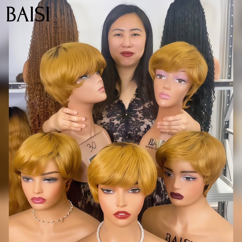 BAISI  Grande Promo perruques 50€ pixie coupe fabriqué à la machine en couleur Miel Respirant et confortable En 100% Cheveux Humains