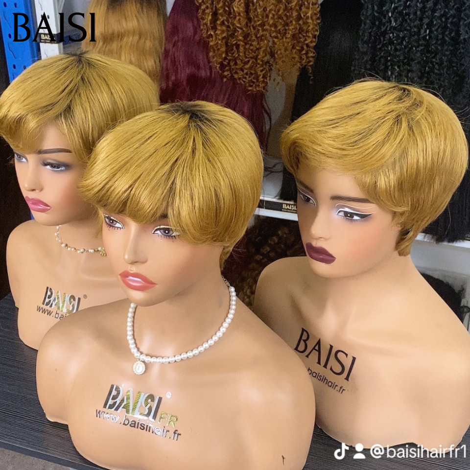 BAISI  Grande Promo perruques 50€ pixie coupe fabriqué à la machine en couleur Miel Respirant et confortable En 100% Cheveux Humains