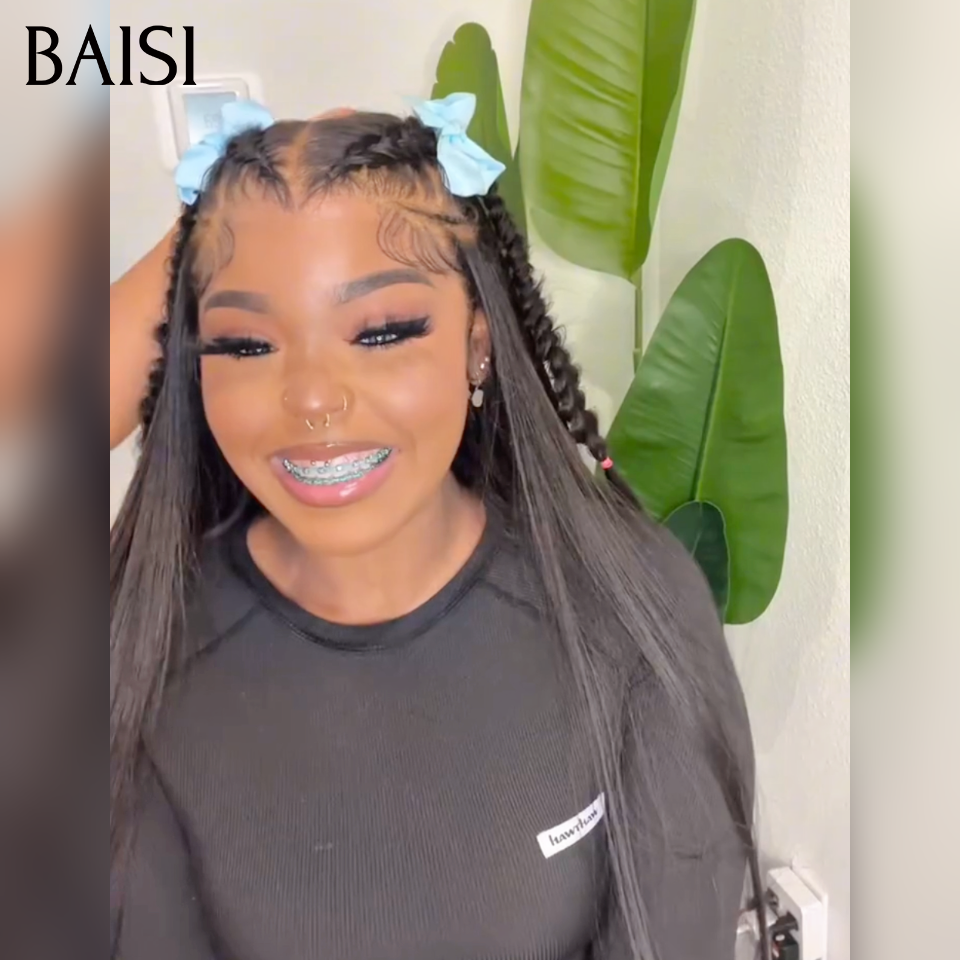 Nouveaux produits lancés 13x4 lace frontal Perruque Coiffée  lisse  raw hair en Noir avec coiffure tressée natte Les longueurs disponibles vont de 18 à 40 pouces en 100% Vrais Cheveux Humains