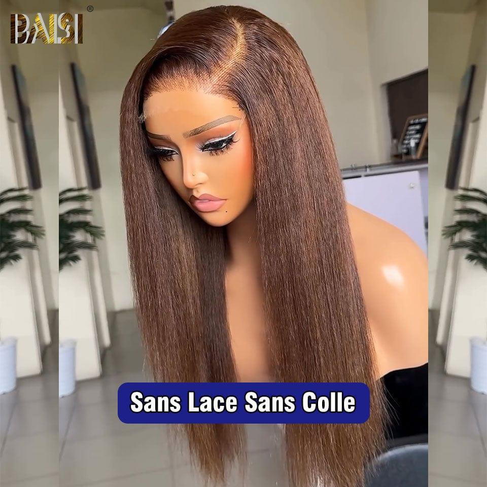 BAISI 4X6 lace perruque Kinky Straight en Marron 4#  sans colle 100% vrais cheveux humains