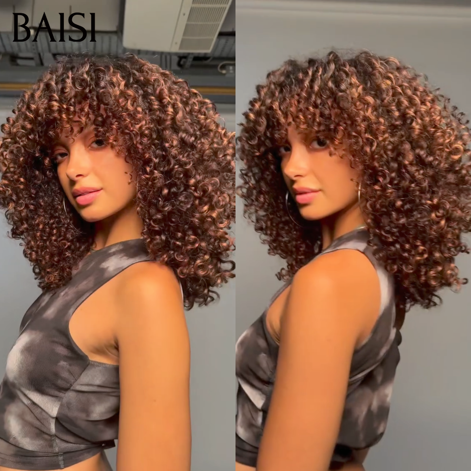 BAISI perruque duveteuse et respirante water wave avec Frange 12 Pouces Seulement 85€ ou  400% Volume 18 pouce perruque 189€ en couleur Marron mixte miel en 100% Cheveux Humains