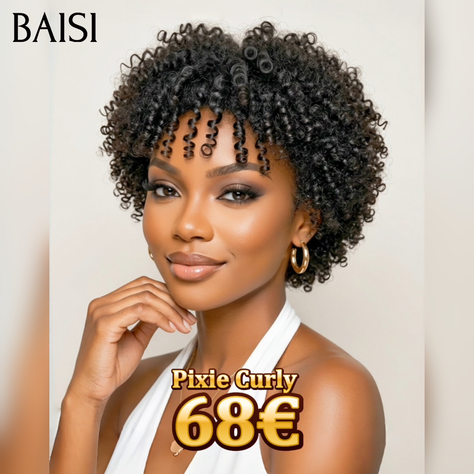 Parrucche BAISI Afro Pixie senza colla ricce all over nere in capelli umani al 100%.
