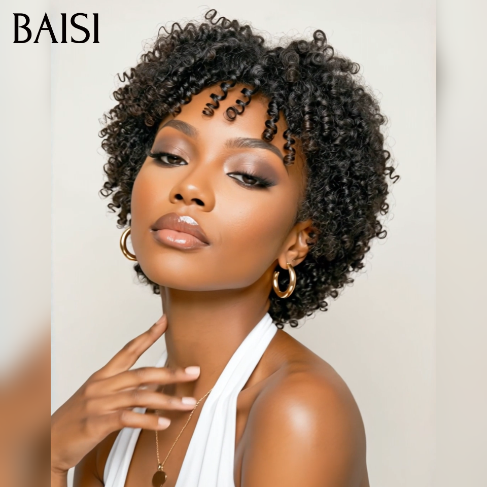Parrucche BAISI Afro Pixie senza colla ricce all over nere in capelli umani al 100%.