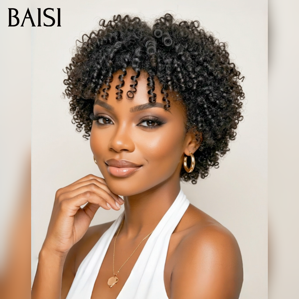 Parrucche BAISI Afro Pixie senza colla ricce all over nere in capelli umani al 100%.