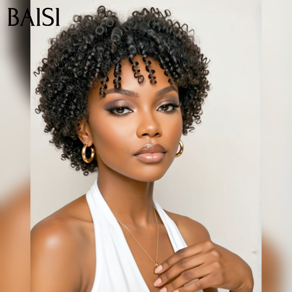 Parrucche BAISI Afro Pixie senza colla ricce all over nere in capelli umani al 100%.